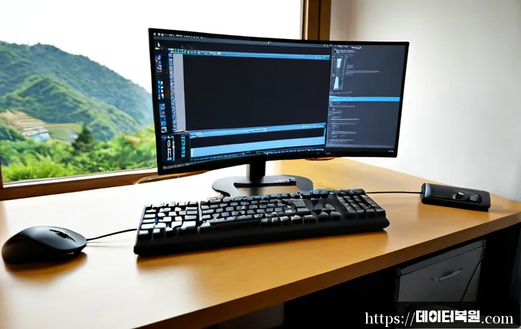 서빙고동 CRITICAL_OBJECT_TERMINATION - Photorealistic remote-support workstation in a quiet apartment near a riverside hillside district, d...