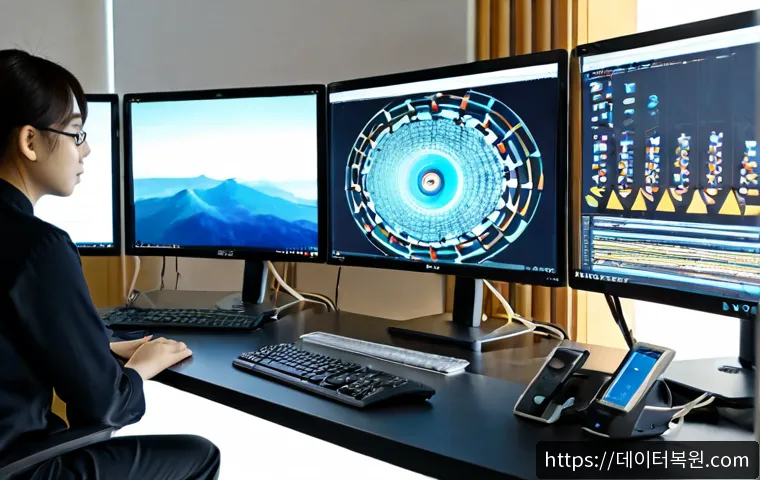 가산동 STATUS_FLOAT_UNDERFLOW - Photorealistic IT support workstation in a modern Gasan Digital Complex office, technician studying ...