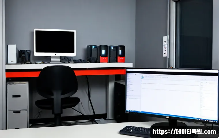 경안동 STATUS_IO_ERROR - Photorealistic IT support workstation in a compact Korean neighborhood office, dual monitors showing...