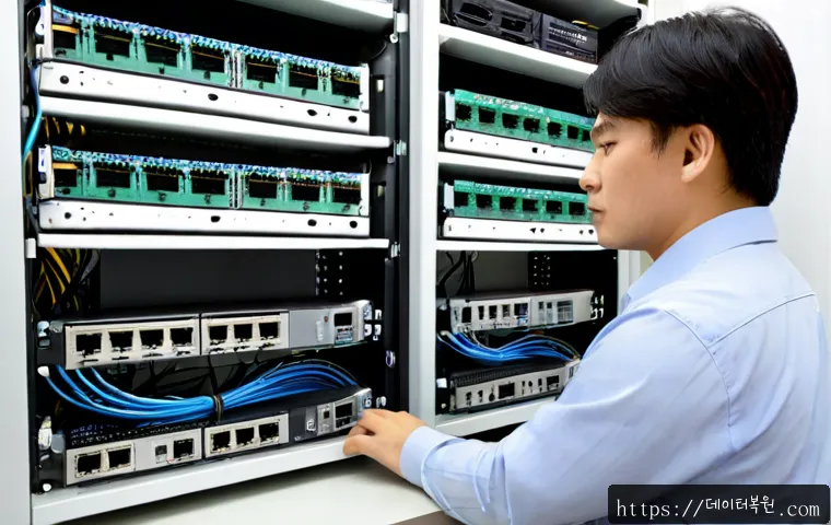 탄벌동 네트워크구축 설정 및 세팅오류해결 - Photorealistic IT technician configuring a compact office network in a modern Tangbeol-dong workspac...