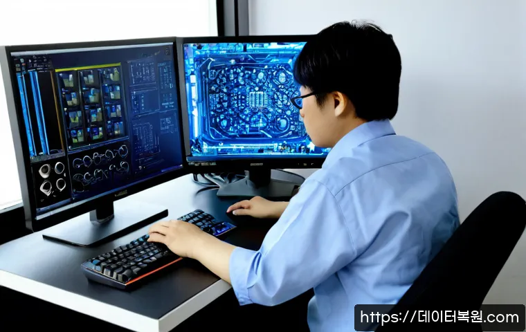 개봉동 STATUS_KERNEL_DATA_CORRUPTION - Photorealistic PC repair workstation in a compact Gaebong-dong apartment office, technician examinin...
