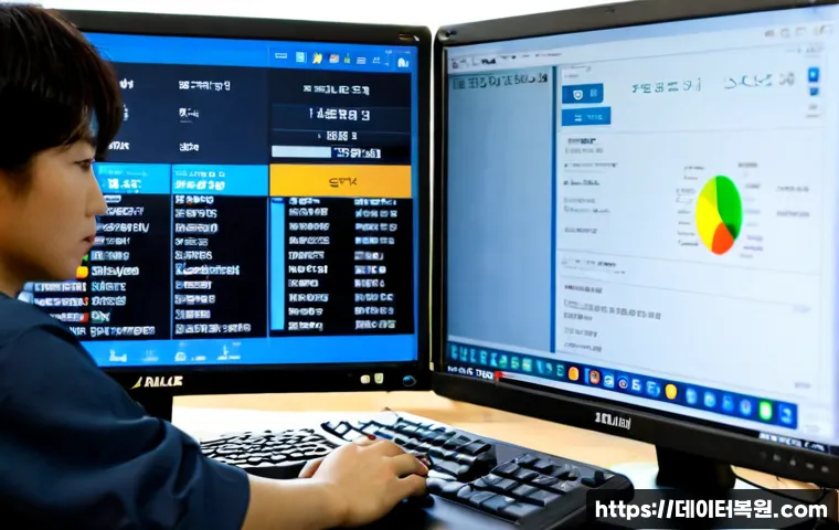 관산동 STATUS_MODULE_CORRUPTION - Photorealistic IT support workstation in a quiet suburban Korean district, dual monitors showing a c...