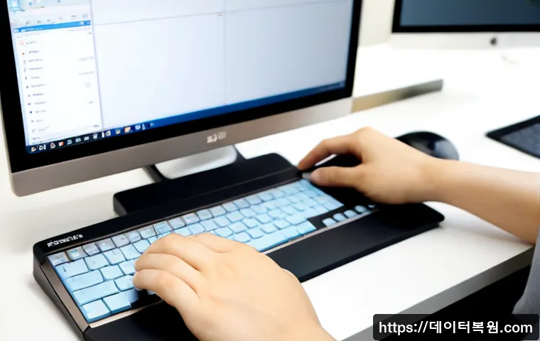 창전동 press f4 key - Photorealistic remote-support workstation in a compact Changjeon-dong apartment office, close-up of ...