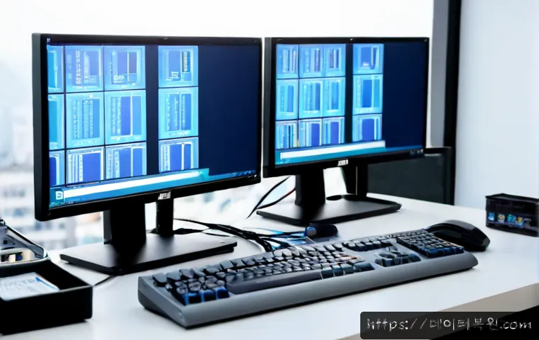 양천구 IRQL_NOT_LESS_OR_EQUAL - Photorealistic IT support workstation in Yangcheon, Seoul, dual monitors showing abstract blue diagn...