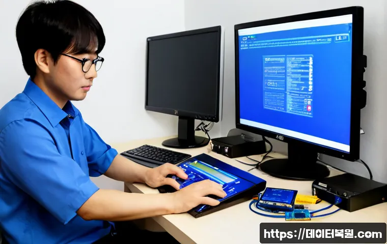 능곡동 NTFS_FILE_SYSTEM - Photorealistic IT support workstation in a compact Neunggok-dong apartment office, dual monitors sho...