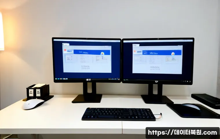 행당동 STATUS_FILE_IN_USE - Photorealistic IT support workstation in a compact apartment office, dual monitors showing an abstra...