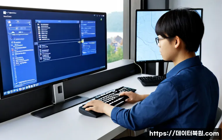 응봉동 블루스크린 - Photorealistic remote-support workstation in a compact apartment overlooking a subtle riverside hill...
