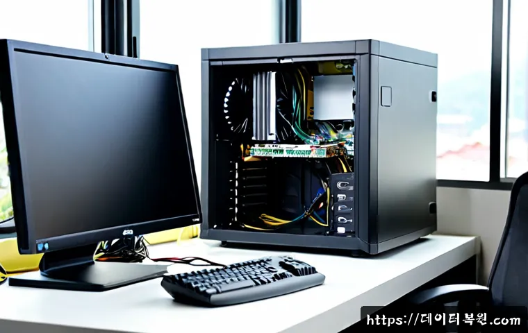 권농동 파워조립 및 교체수리 - Photorealistic computer repair workstation in a compact Gyeongju neighborhood office, technician ins...