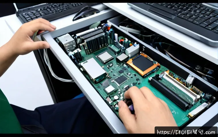 천연동 아이맥 판매 및 수리 - Photorealistic computer repair workshop in Cheonyeon-dong, a sleek silver all-in-one desktop opened ...