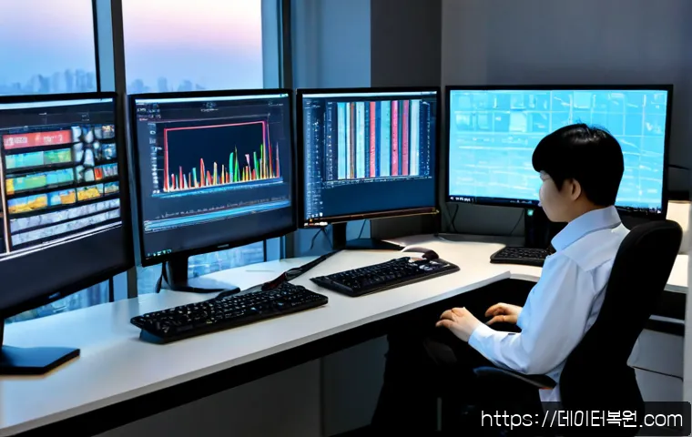 왕십리 VENDOR_DEFINED_ERROR - Photorealistic IT support workstation in a modern Wangsimni office tower, dual monitors showing abst...