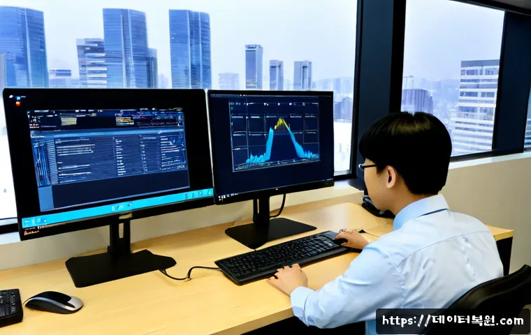목동 IO1_INITIALIZATION_FAILED - Photorealistic IT support workstation in a modern Mokdong office tower, dual monitors showing a froz...