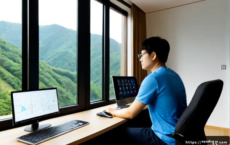 정릉동 STATUS_IMAGE_INVALID - Photorealistic remote support specialist at a clean dual-monitor workstation, reviewing a detailed 3...