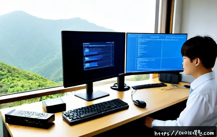 홍은동 PAGE_FAULT_IN_NONPAGED_AREA - Photorealistic remote-support workstation in a quiet hillside apartment in Hongeun-dong, dual monito...