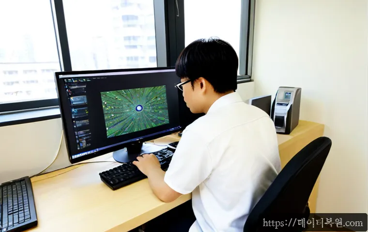 강동구 공장초기화복구 - Photorealistic IT recovery workstation in a compact Gangdong-gu office, technician restoring a deskt...