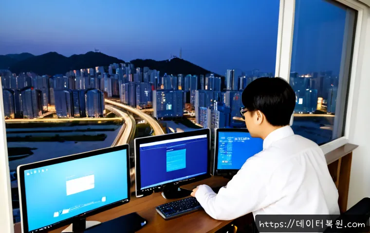 은천동 STATUS_KERNEL_DATA_CORRUPTION - Photorealistic IT support workstation in a compact Eunpyeong residential office, dual monitors showi...