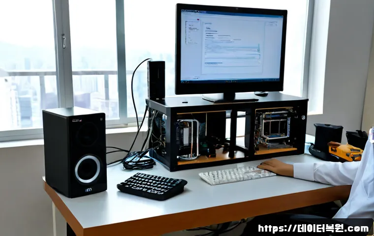 구의동 컴퓨터멈춤 - Photorealistic compact desktop workstation in a Gwangjin residential apartment, dual monitors frozen...