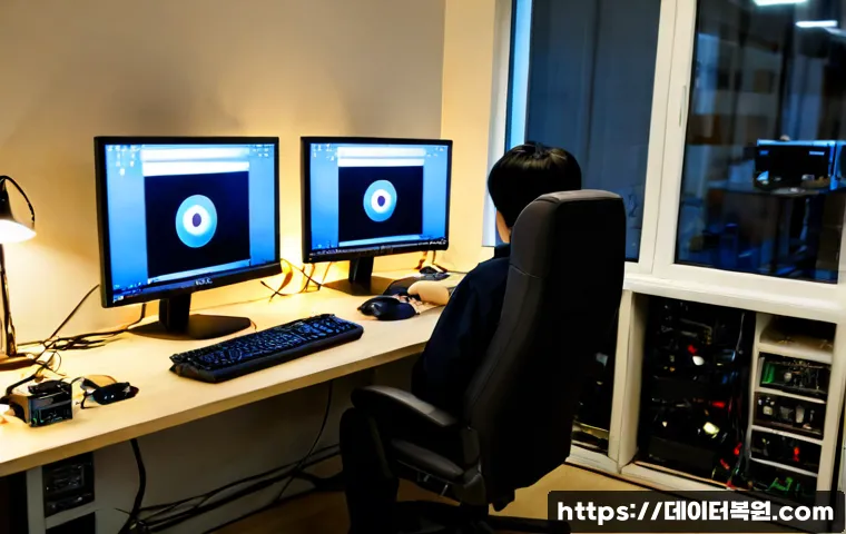 남창동 모니터화면 안나옴 - Photorealistic PC repair workstation in a compact Namchang-dong office, dual monitors with completel...
