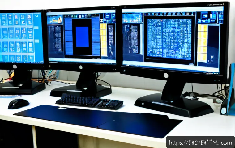 용두동 STATUS_KERNEL_HEAP_CORRUPTION - Photorealistic computer repair workstation in a compact Yongdu-dong office, dual monitors showing ab...