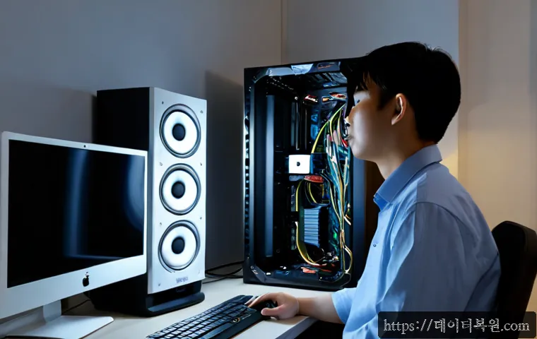 과해동 본체 꺼졌다 켜졌다 할때 - Photorealistic remote PC support scene in a compact apartment workspace, desktop tower repeatedly re...