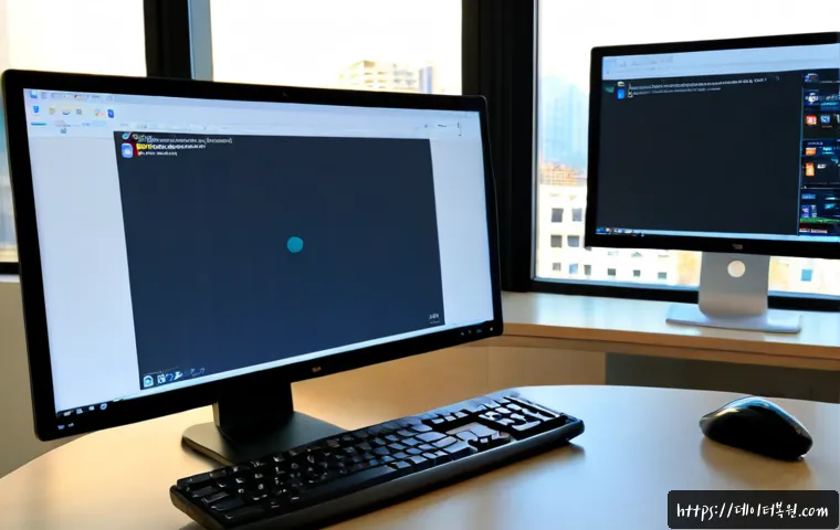 서초동 STATUS_IMAGE_INVALID - Photorealistic remote-support workstation in a refined Seocho-dong office, dual monitors showing a c...