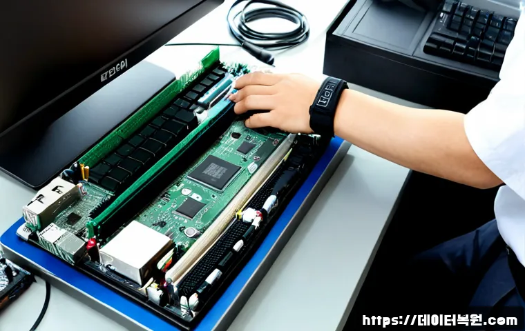도선동 RAM조립 및 교체수리 - Photorealistic computer repair workstation in Doseon-dong, Seoul, technician wearing an anti-static ...