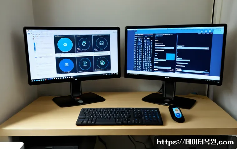 도림동 악성코드 바이러스 - Photorealistic remote IT support workstation in a compact Dorim-dong apartment office, dual monitors...