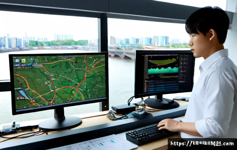 덕은동 STATUS_KERNEL_THREAD_INTERRUPTED - Photorealistic IT support workstation in a modern riverside office near low-rise industrial building...