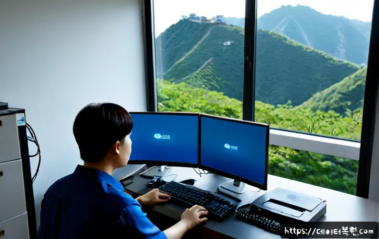 사직동 KERNEL_SECURITY_CHECK_FAILURE - Photorealistic IT support workstation in a compact Sajik-dong apartment office, dual monitors showin...