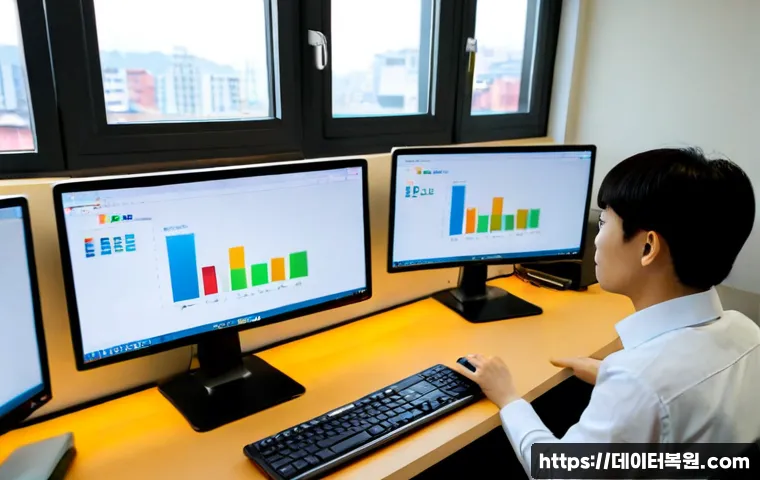 회기동 SESSION_HAS_VALID_VIEWS_ON_EXIT - Photorealistic remote-support workstation in a compact Hoegi-dong office, dual monitors showing a cl...