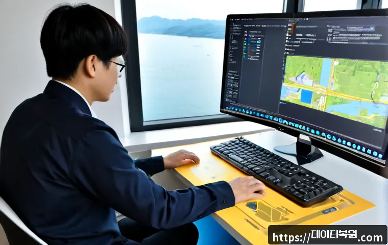 동작동 STATUS_SYSTEM_FILE_MISSING - Photorealistic IT support workstation in a modern Dongjak-dong office, dual monitors showing a blank...