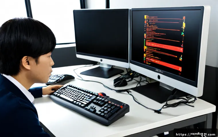 합동 STATUS_UNSUCCESSFUL - Photorealistic IT support workstation in a shared office, dual monitors showing a generic software i...