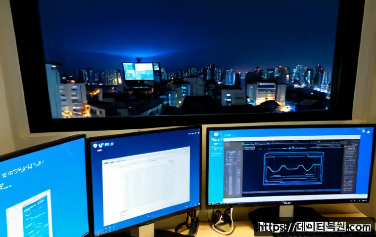 원남동 WIN32K_POWER_WATCHDOG_TIMEOUT - Photorealistic remote-support workstation in a compact Wonam-dong office, dual monitors showing a bl...