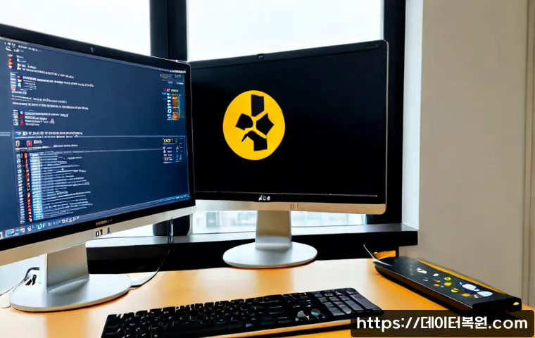 일산동 STATUS_INVALID_DEVICE_REQUEST - Photorealistic IT support workstation in Ilsandong, dual-monitor desktop with a clean abstract softw...