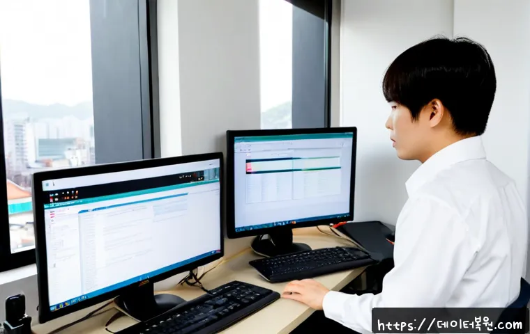 석관동 STATUS_KERNEL_CONFIGURATION_ERROR - Photorealistic IT support workstation in a compact Seoul residential office, dual monitors showing a...