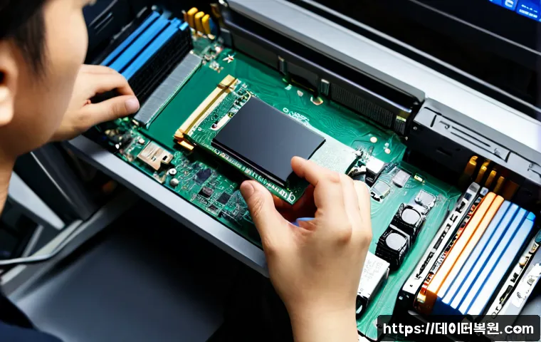 경기광주 SSD조립 및 교체수리 - Photorealistic computer repair workstation in Gyeonggi Gwangju, technician carefully installing a sl...