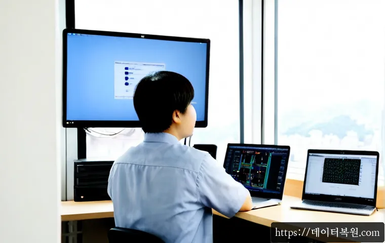 중랑구 STATUS_KERNEL_MEMORY_LEAK - Photorealistic IT support workstation in a compact Jungnang-gu office, dual monitors showing abstrac...