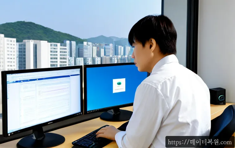 마두동 STATUS_KERNEL_CONFIGURATION_ERROR - Photorealistic IT support workstation in a modern Madudong apartment office, dual monitors showing a...