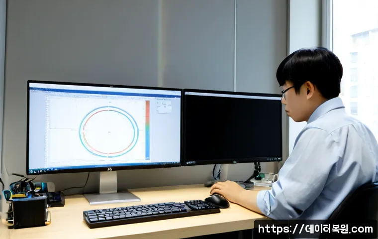 다동 STATUS_EXECUTION_TIMEOUT - Photorealistic modern workstation in a compact Da-dong office, dual monitors showing a complex unbra...