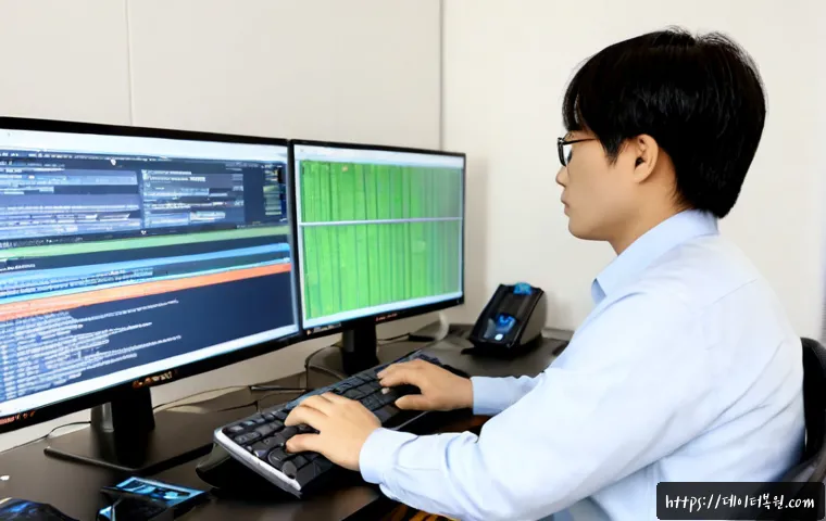 장항동 POOL_CORRUPTION_IN_FILE_AREA - Photorealistic IT support workstation in Janghang-dong, dual monitors showing a file recovery dashbo...