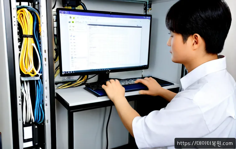 송포동 NAS출장방문수리점 - Photorealistic on-site NAS repair in a Songpo-dong apartment home office, technician in neutral work...