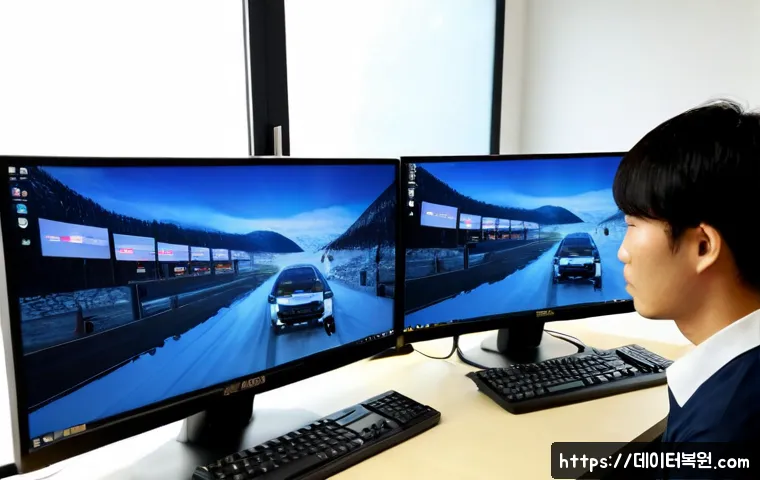 신천동 STATUS_IO_TIMEOUT - Photorealistic IT support workstation in a compact Sincheon-dong office, dual monitors showing an ab...