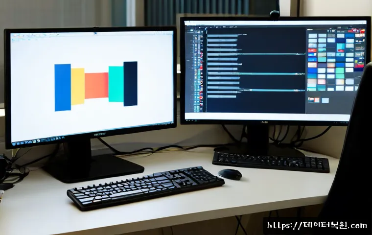 동화동 STATUS_IMAGE_CORRUPTION - Photorealistic IT support workstation in a compact Donghwa-dong apartment office, dual monitors show...