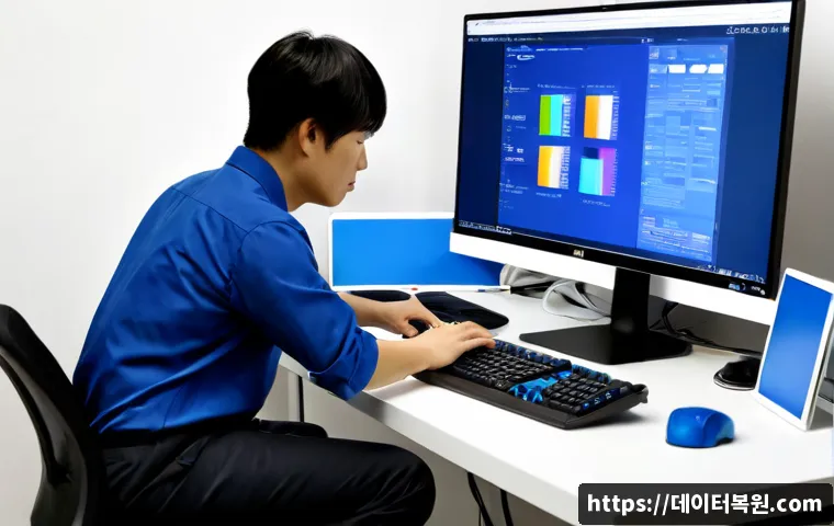 충무로 KMODE_EXCEPTION_NOT_HANDLED - Photorealistic IT support workstation in a compact Chungmuro print-design studio, desktop monitor sh...