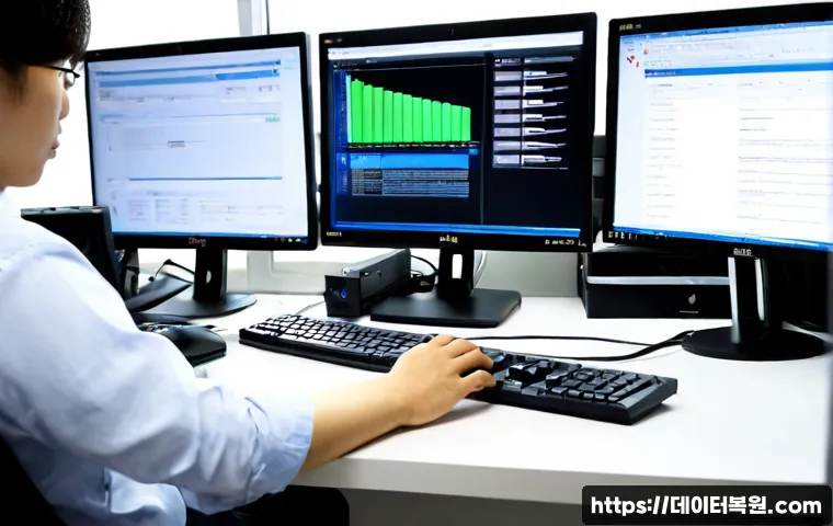 대자동 POOL_CORRUPTION_IN_FILE_AREA - Photorealistic IT workstation in a modern Daeja-dong office, dual monitors showing a generic file re...