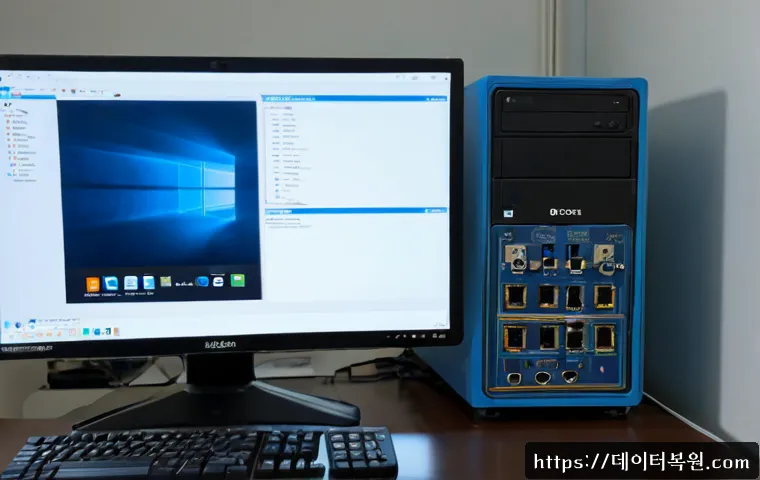 상계동 STATUS_PAGE_FAULT - Photorealistic IT support workstation in a compact Sanggye-dong apartment office, dual monitors show...