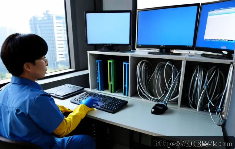 평동 NTFS_FILE_SYSTEM - Photorealistic IT support workstation in Pyeongdong, Gwangju, showing a desktop tower opened for ins...