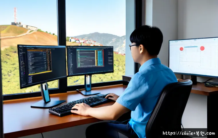 옥수동 STATUS_KERNEL_MODULE_INVALID - Photorealistic IT support specialist at a sleek dual-monitor workstation, diagnosing a kernel module...