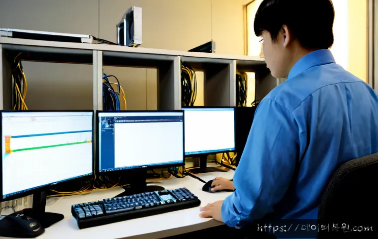 충정로 STATUS_STACK_UNDERFLOW - Photorealistic IT support workstation in a compact Chungjeong-ro office, dual monitors showing abstr...