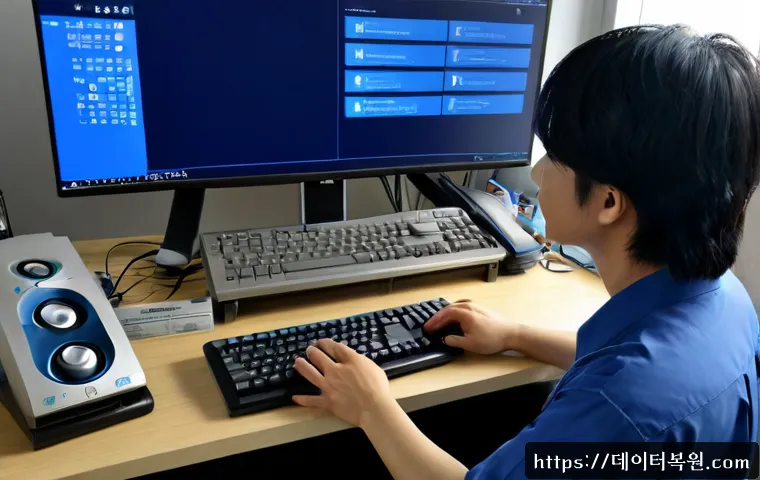 묵동 BAD_SYSTEM_CONFIG_INFO - Photorealistic remote IT support workstation in a Mok-dong apartment, ultrawide monitor showing a bl...