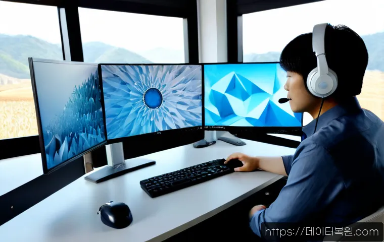 북면 DRIVER_CORRUPTED_EXPOOL - Photorealistic IT support workstation in a quiet Buk-myeon office, dual monitors showing a frozen ab...
